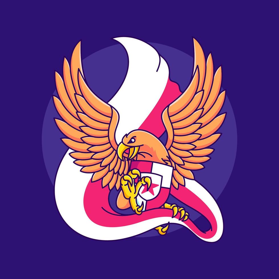 linda águila con ilustración de icono de dibujos animados de bandera roja y blanca vector