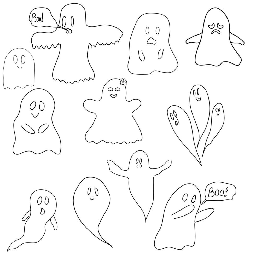 A set of eleven ghostly outlines with various characters isolated on a white background. vector