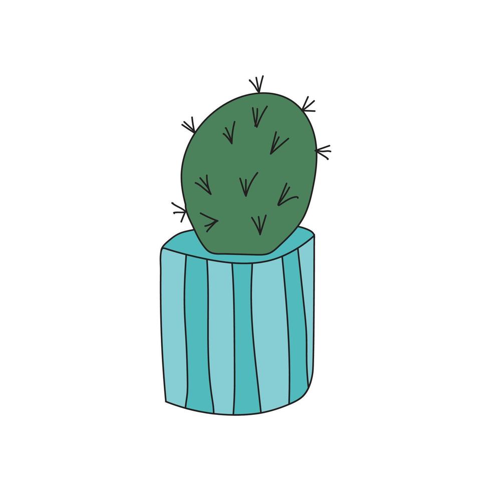 Home plant cactus in a blue pot. Cute vector doodle illustration of house plant