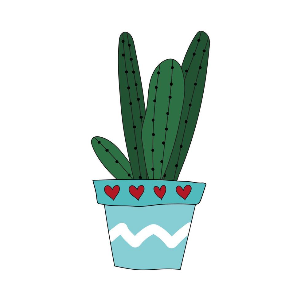 Home plant cactus in a blue pot. Cute vector doodle illustration of house plant