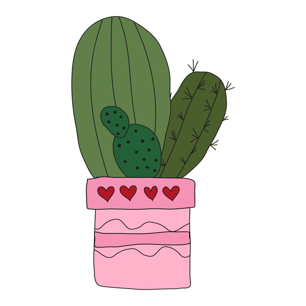 Home plant cactus in a pink pot. Cute vector doodle illustration of house plant