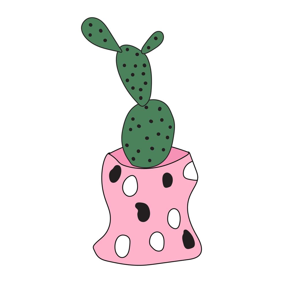 Home plant cactus in a pink pot. Cute vector doodle illustration of house plant