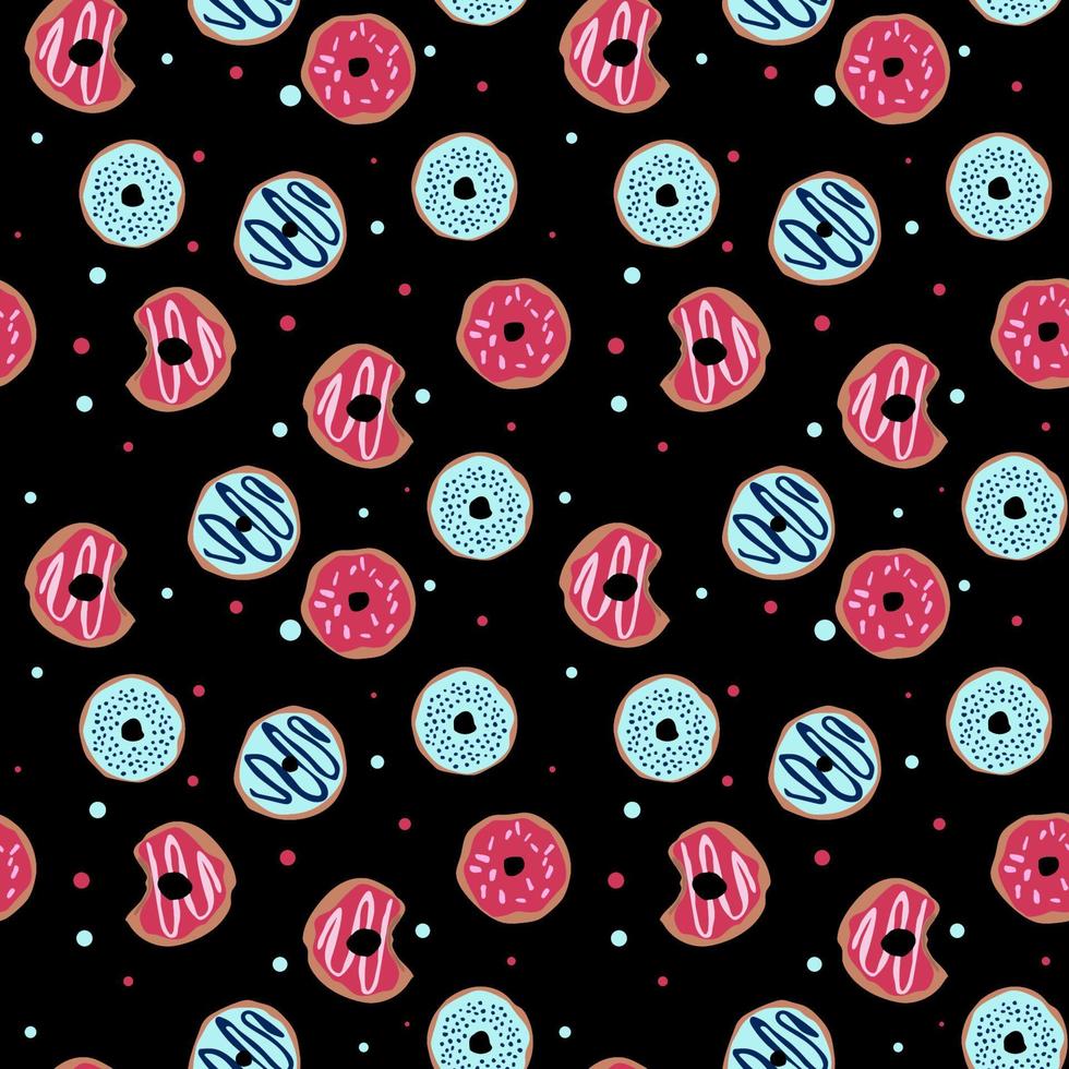 seamless pattern with glazed donuts. Bright juicy pattern on a black background vector