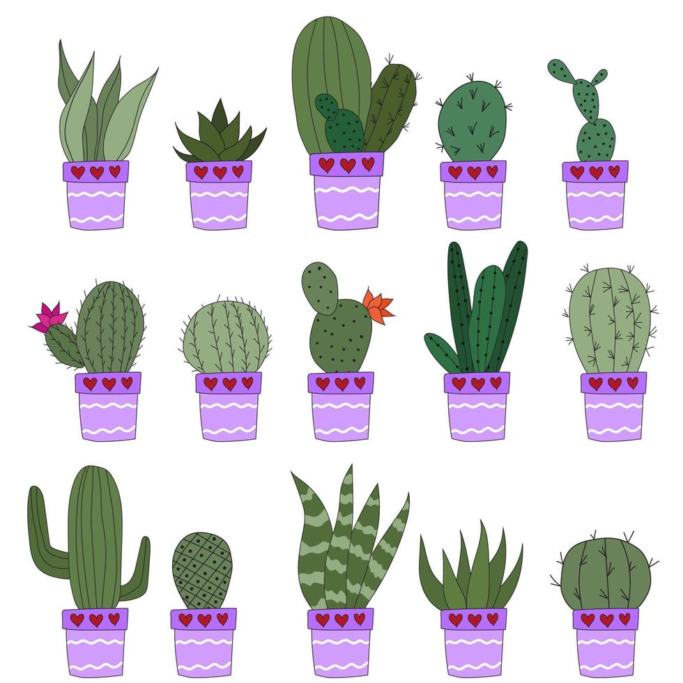 Set Cute doodle cacti in purple pots. Vector illustration with cute indoor plants. set of 15 plants