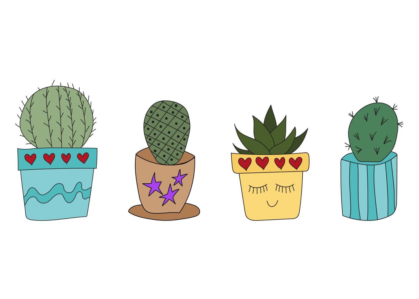 Set Cute doodle cacti in pots. Vector illustration with cute indoor plants. set of plants in  pots