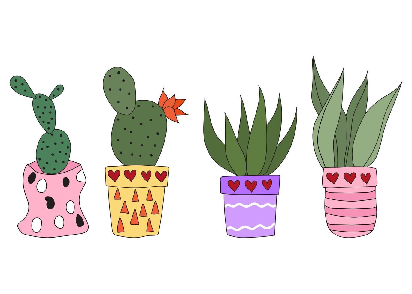 coloca lindos cactus de garabato en macetas. ilustración vectorial con lindas plantas de interior. conjunto de plantas vector