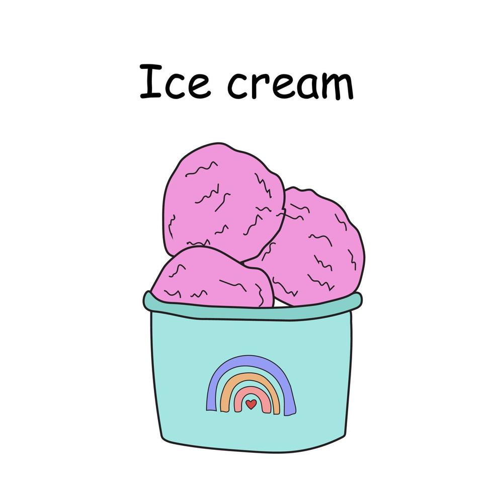 bolas de helado rosa en un cubo, ilustración de fideos vectoriales de helado. vector