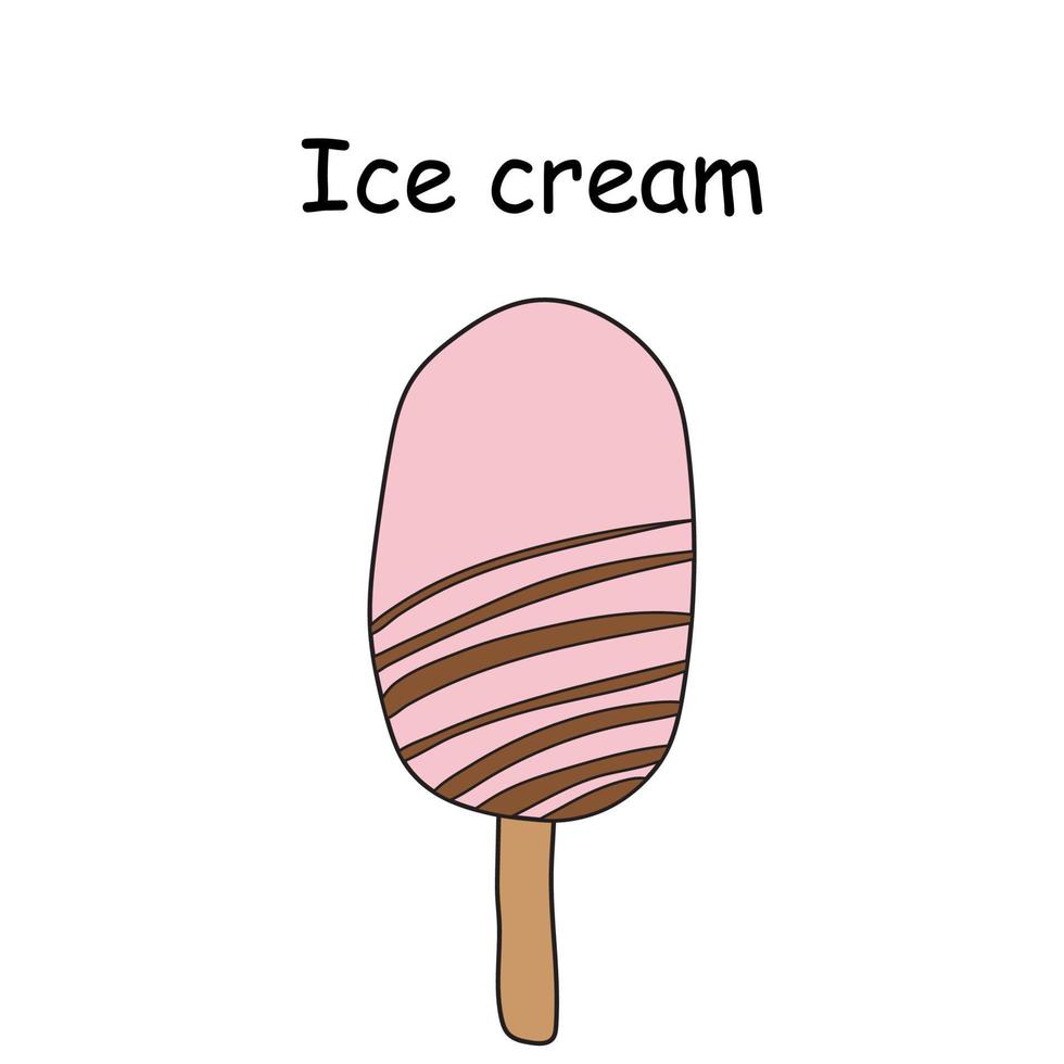 Pink ice cream on a stick poured with chocolate, frozen ice, ice cream vector doodle illustration