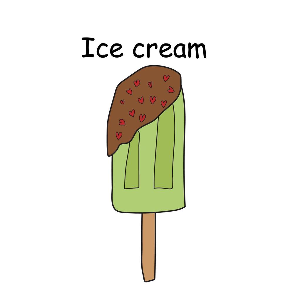 Green pistachio ice cream in chocolate, vector doodle illustration