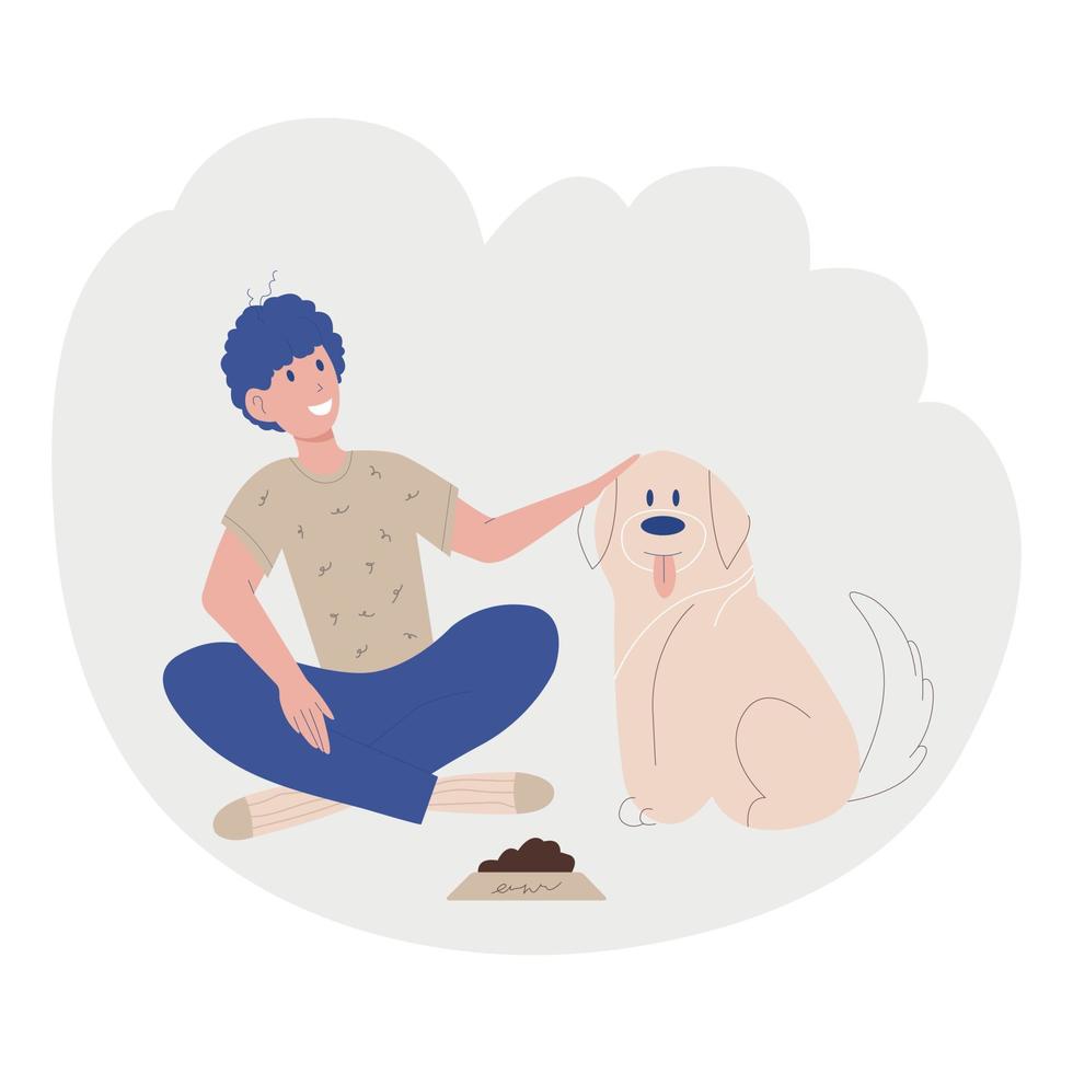 A man and a dog. A boy strokes a cute dog. I love animals. Dog. Illustration of a flat symbol. Perfect for games, books, T-shirts, postcards, prints, posters, decorations, textiles vector