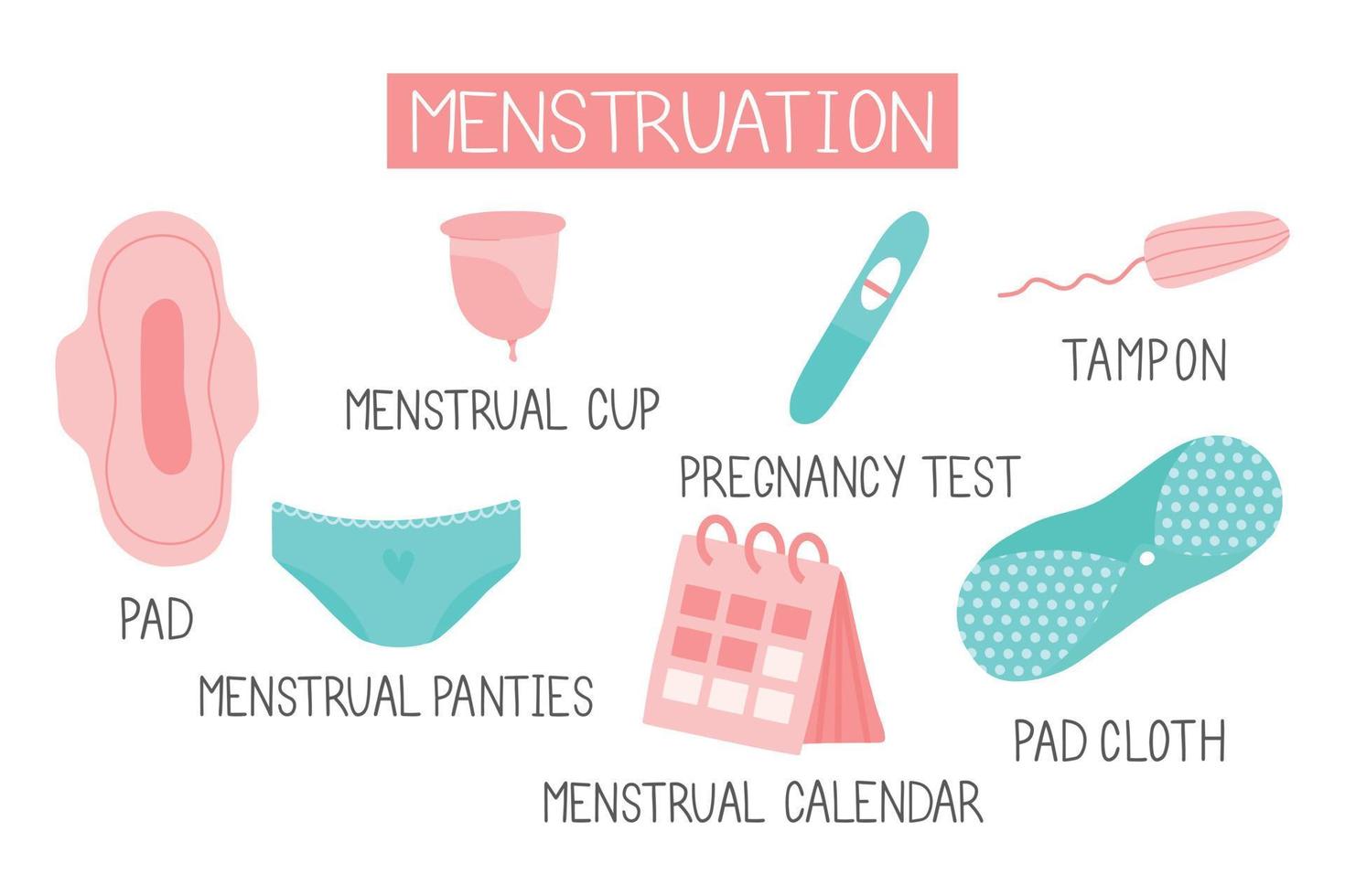 Menstrual period icon set. Menstrual cup, tampon, pad, contraceptive pills. Female hygiene products. vector