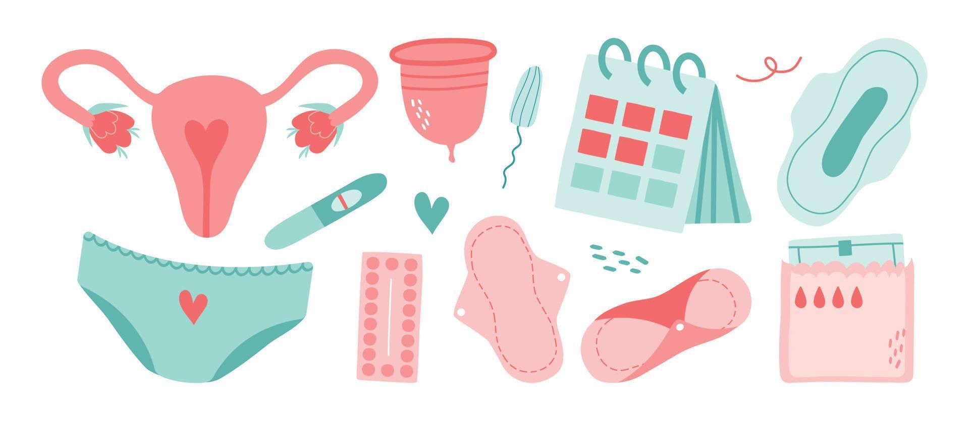 un conjunto de pegatinas para menstruación, menstruación, útero femenino, sistema reproductivo. prueba de embarazo, tampones, calendario, matriz en ilustración vectorial de dibujos animados aislada en fondo blanco vector