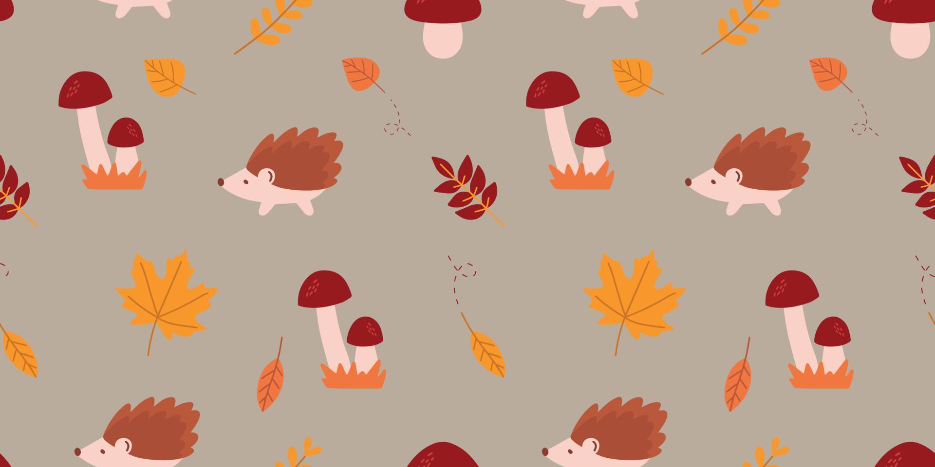 Autumn pattern with colorful seasonal leaves, mushrooms and hedgehog. vector