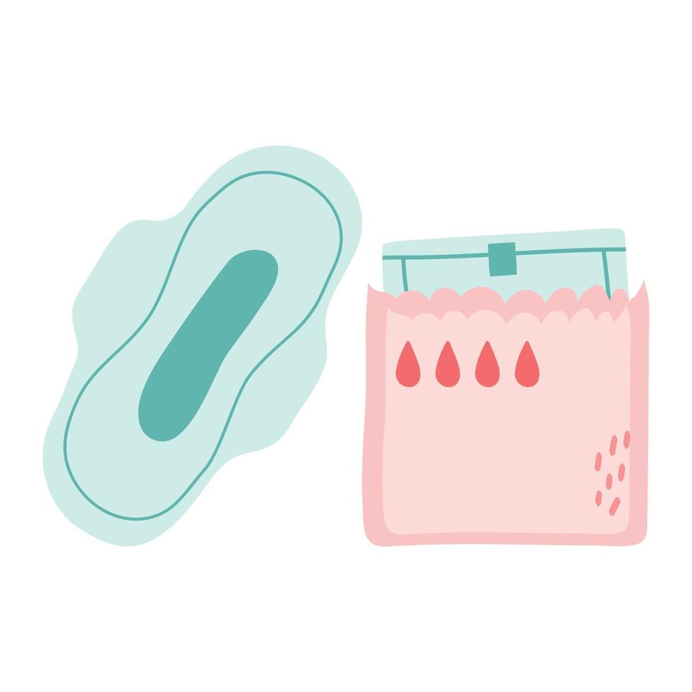 toallas higiénicas femeninas en pack. servilleta menstrual desechable en paquete abierto para el período de las mujeres. Toallas plásticas higiénicas para la menstruación. vector