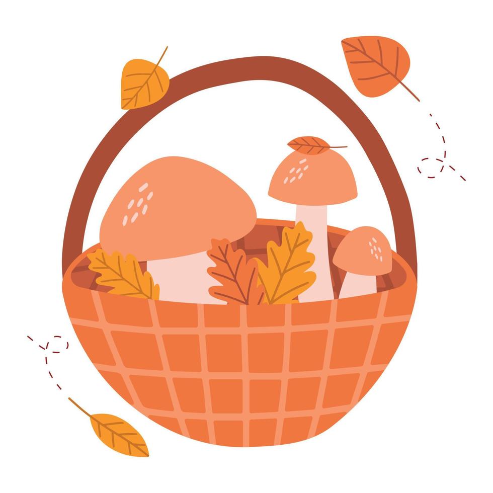 postal vectorial de otoño con respaldo de mimbre y champiñones, hojas coloridas. fondo para la temporada de otoño. cartel con transporte y elementos florales. vector