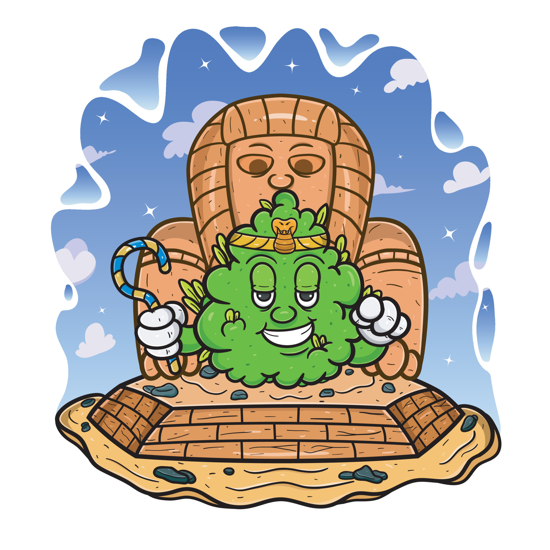 Cartoon Mascot Of Weed Bud With King Of Egypt In Pyramid. 10055778 ...