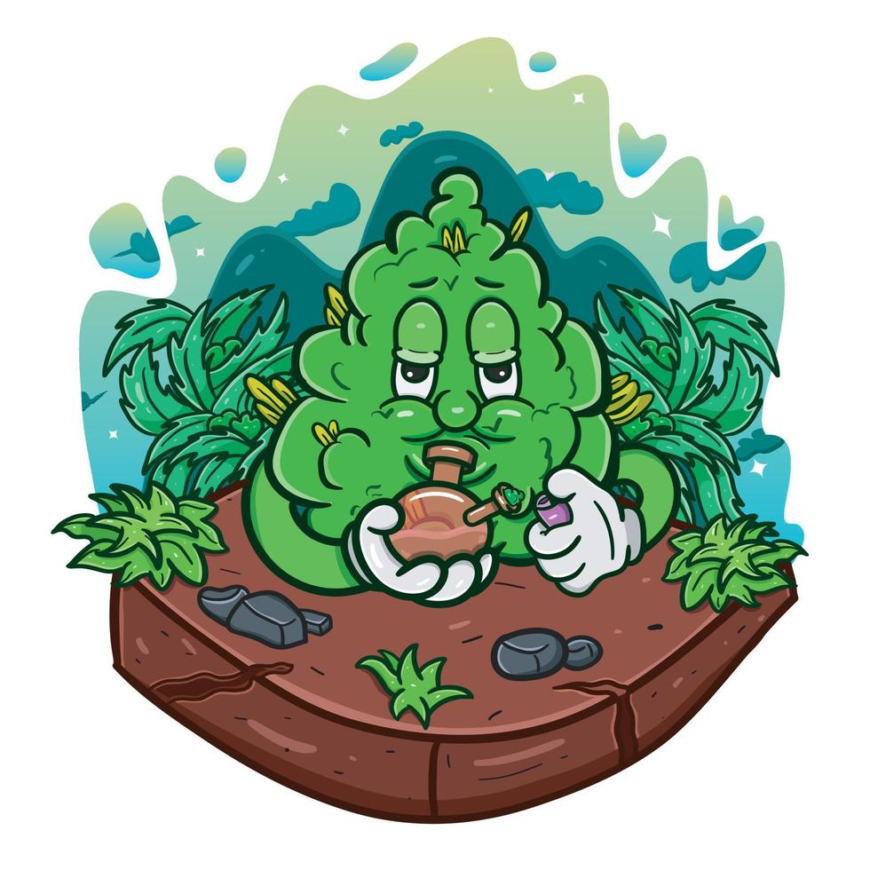 Cartoon Mascot Of Weed Bud With Smoking Glass Bong in Cannabis Forest. vector