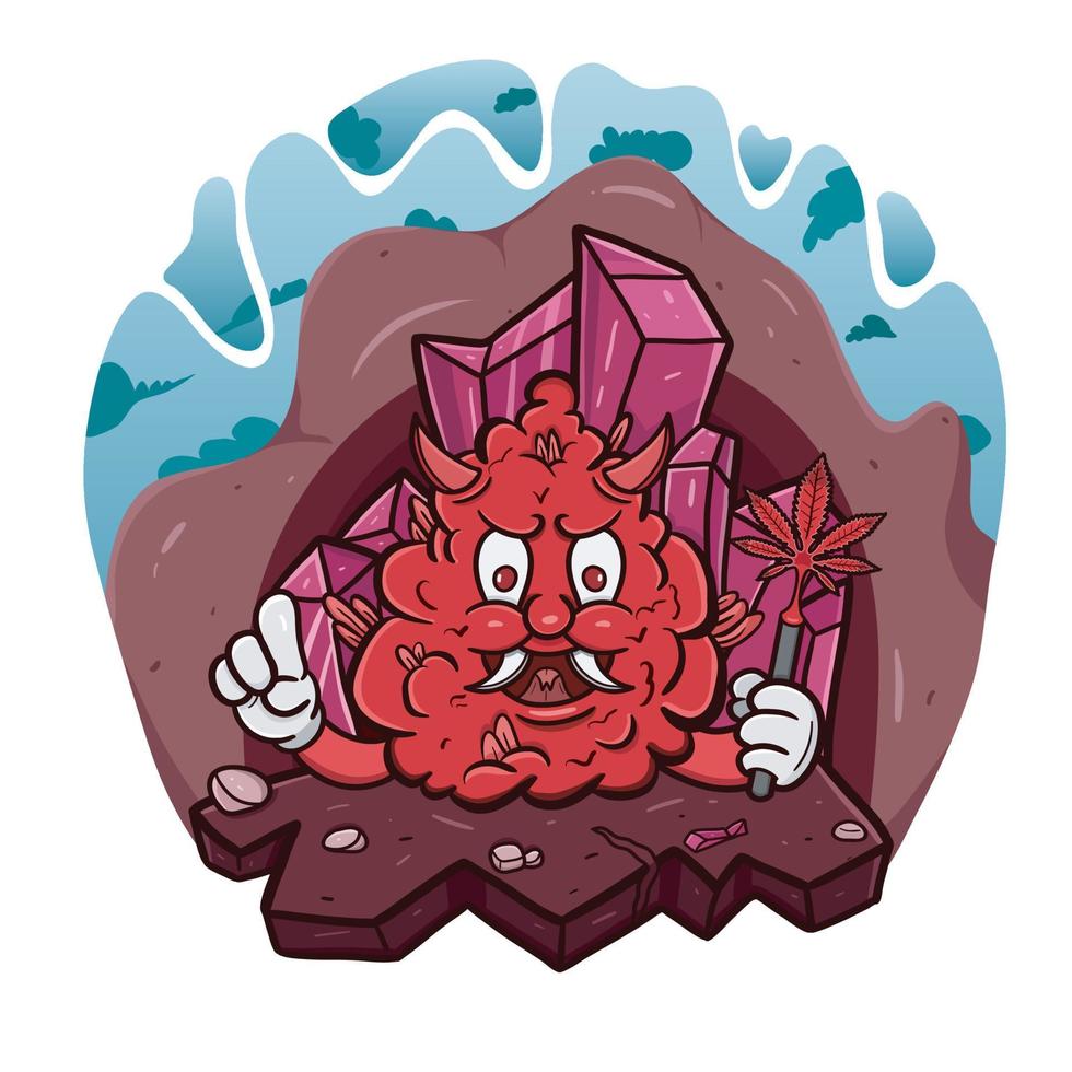 Cartoon Mascot Of Devil Weed Bud In Red Crystal Cave. vector