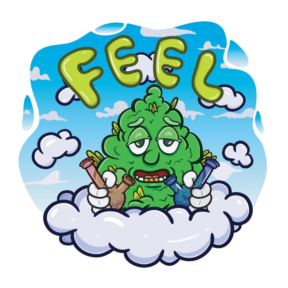 Cartoon Mascot Of Weed Bud With Glass Bong On Clouds. vector