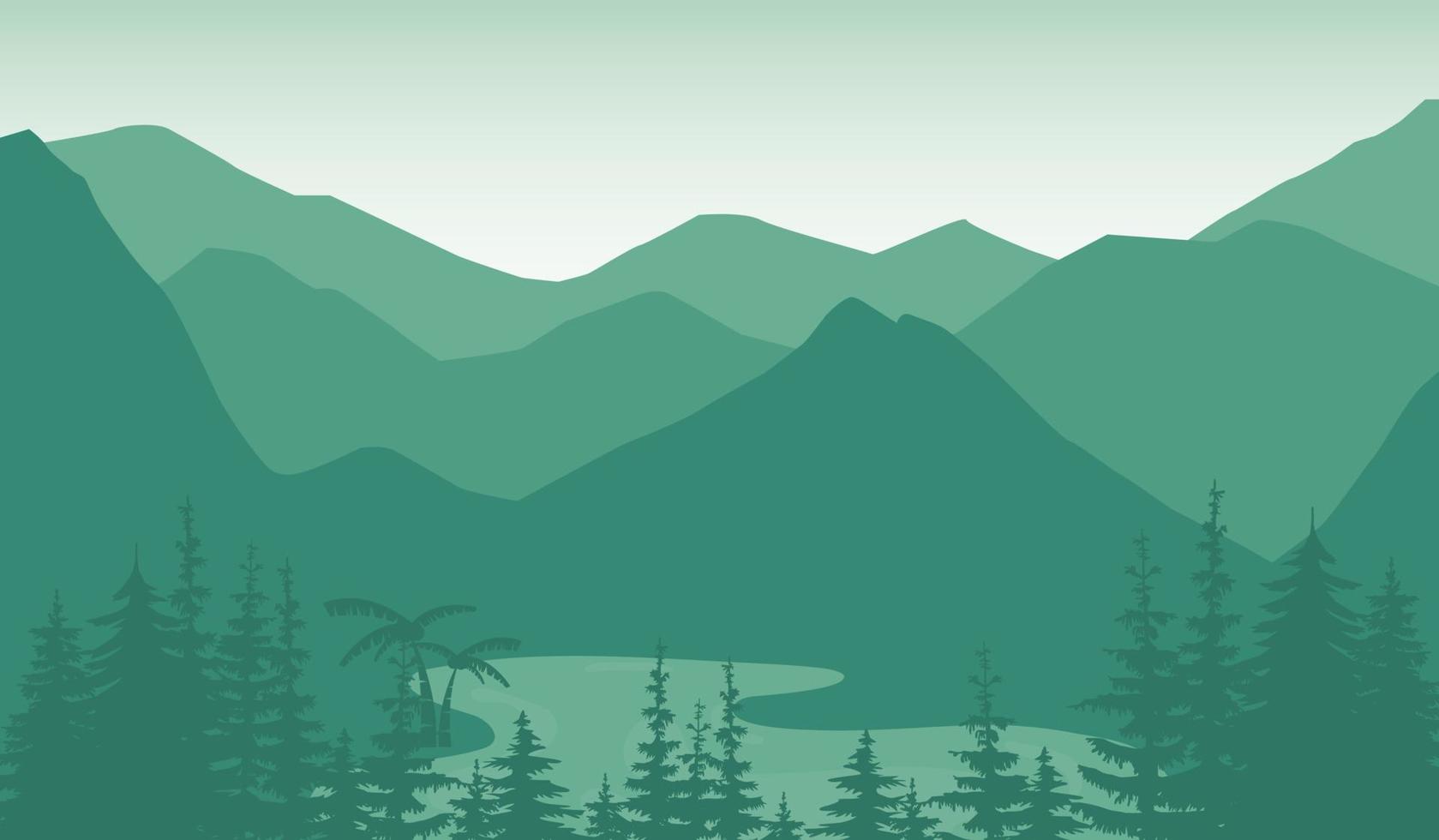 Vector landscape with silhouettes of mountains, trees and sky, sunrise or sunset and river.
