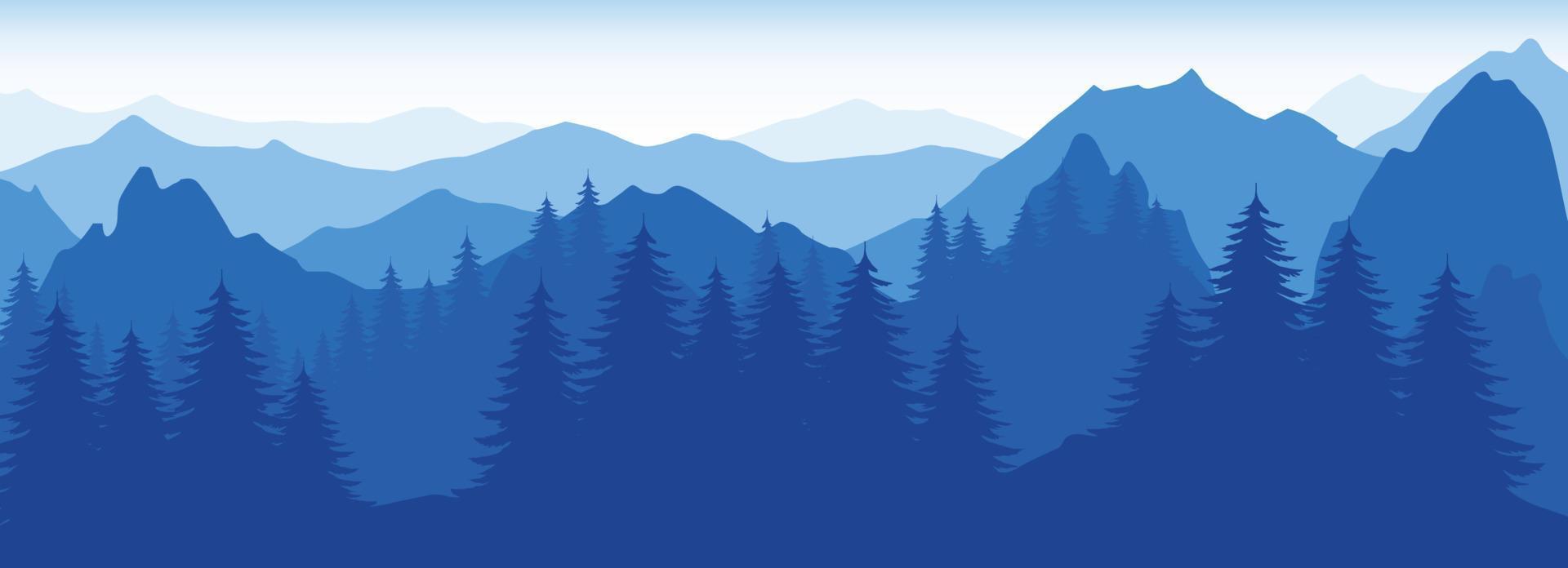 fondo vectorial con montañas azules, bosque siempreverde vector