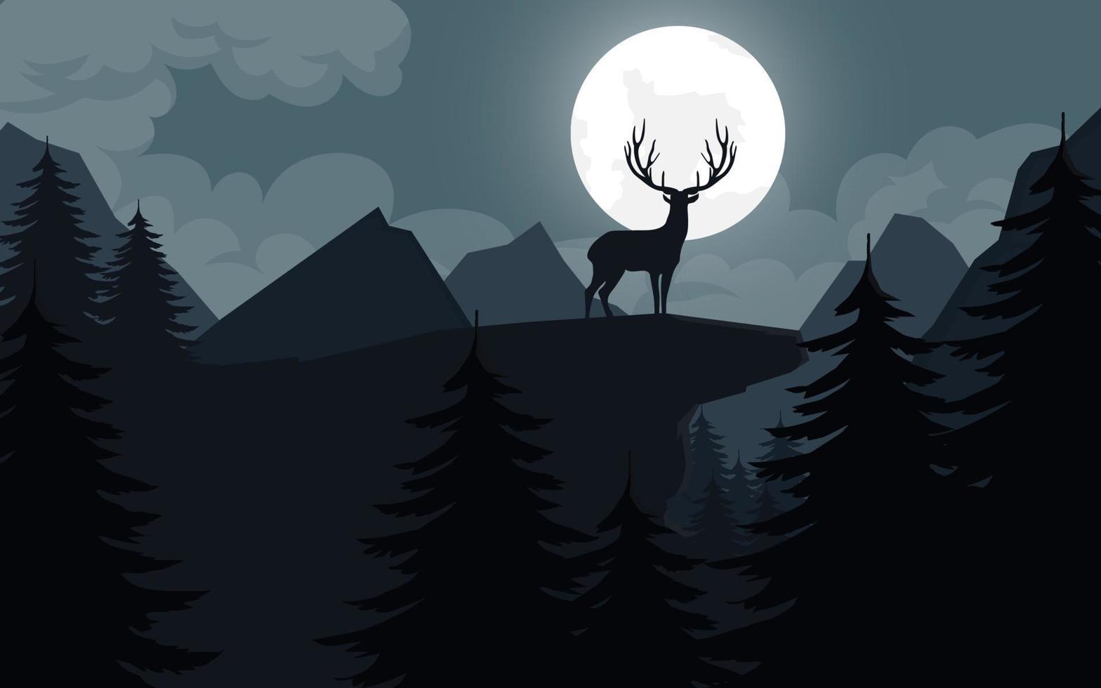 Mountain nature with deer that live in the late night and the moon vector