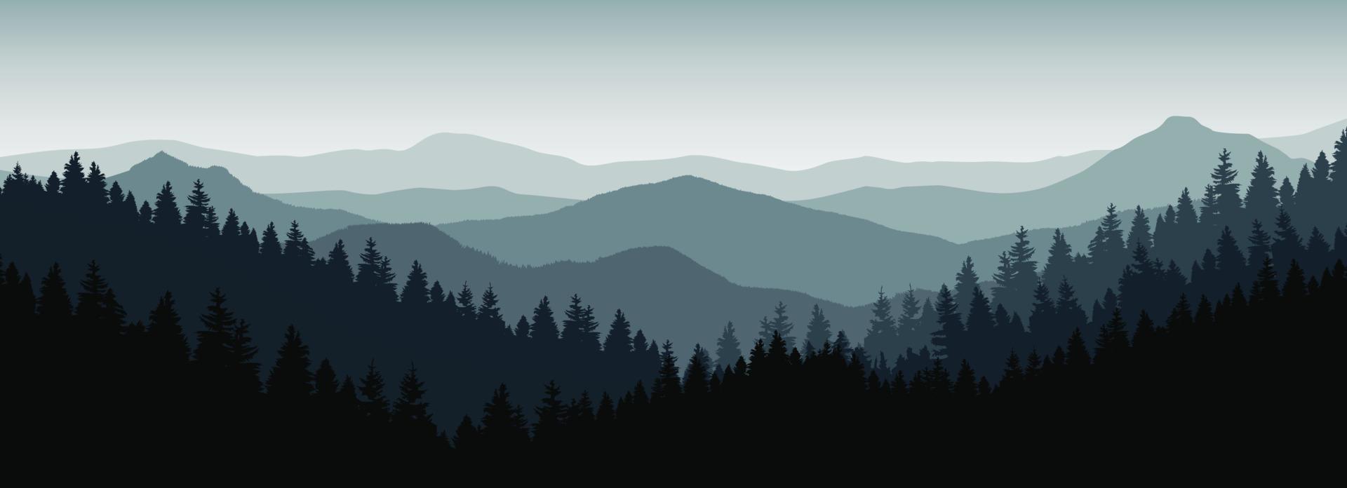 Mountain and forest landscape vector illustration with sunrise and sunset in the mountains