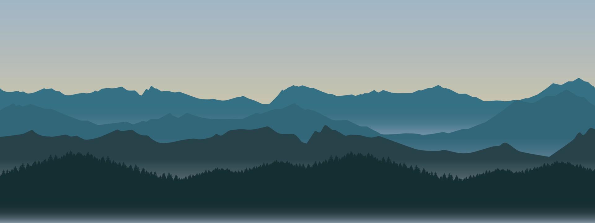 ilustración de paisaje neblinoso de montaña y bosque por la mañana y por la noche vector