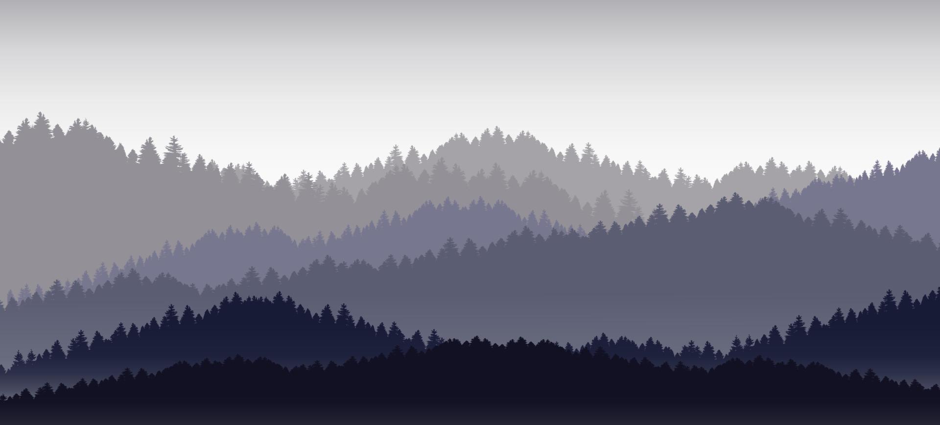 Vector illustration of dark blue mountain landscape fog and forest sunrise and sunset in the mountains.