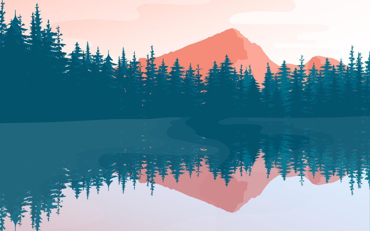 Vector landscape with silhouettes of mountains, trees and with sunrise or sunset sky and lakes, rivers.