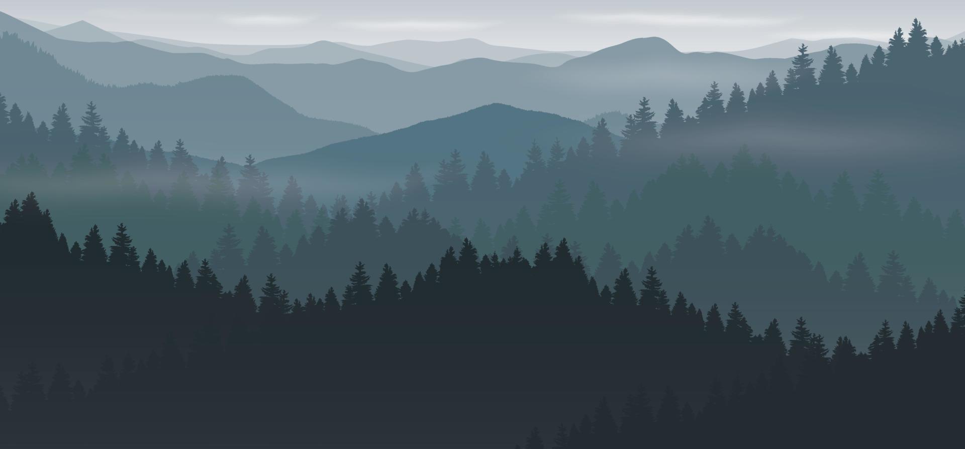 Vector illustration with  mountain landscape. fog and forest.