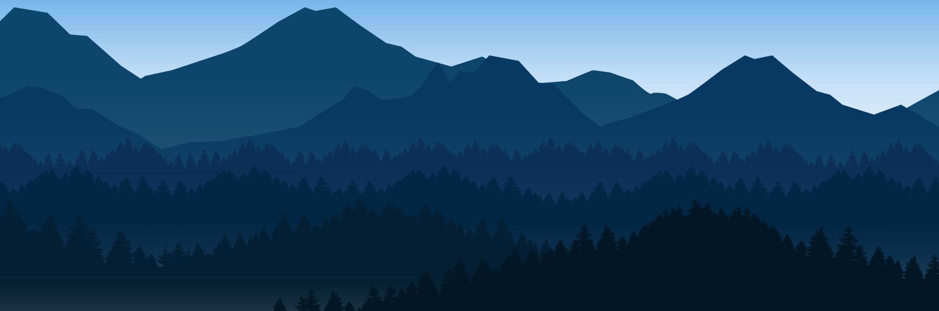 ilustración de vector de paisaje de montaña azul oscuro y amanecer y atardecer de bosque en las montañas