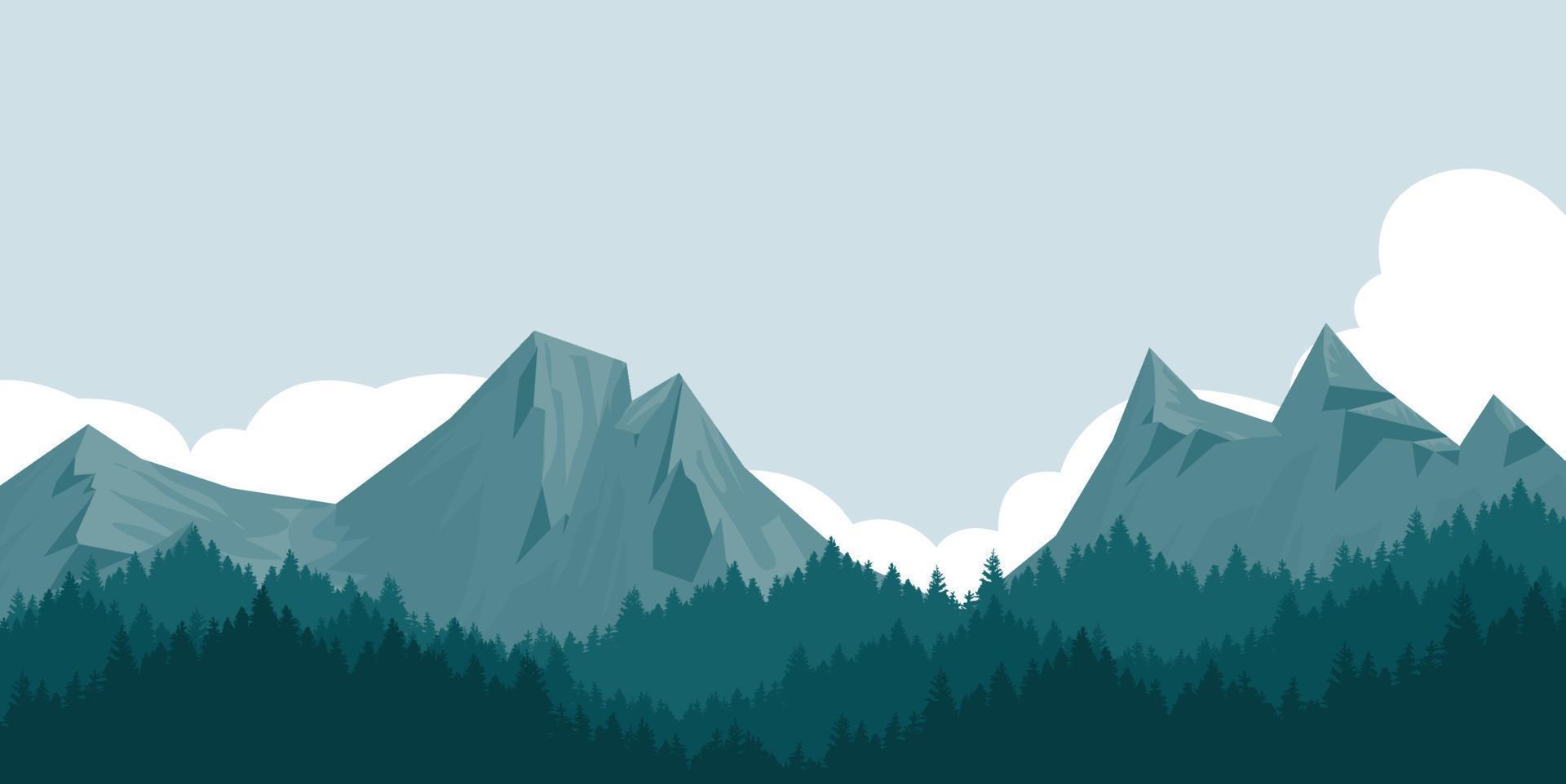 paisaje de montaña con bosque de pinos silueta de montaña. vector