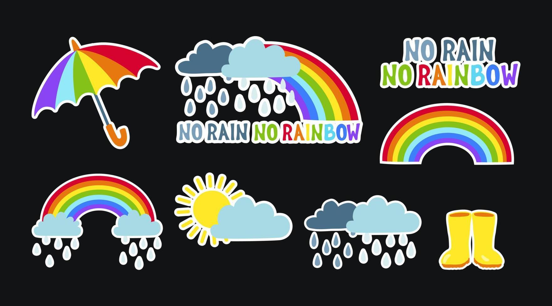 Rainy weather sticker set. No Rain No Rainbow Quote Lettering. Monsoon weather elements with sun, clouds and rain, umbrella and rain boots. Hand drawn vector illustration