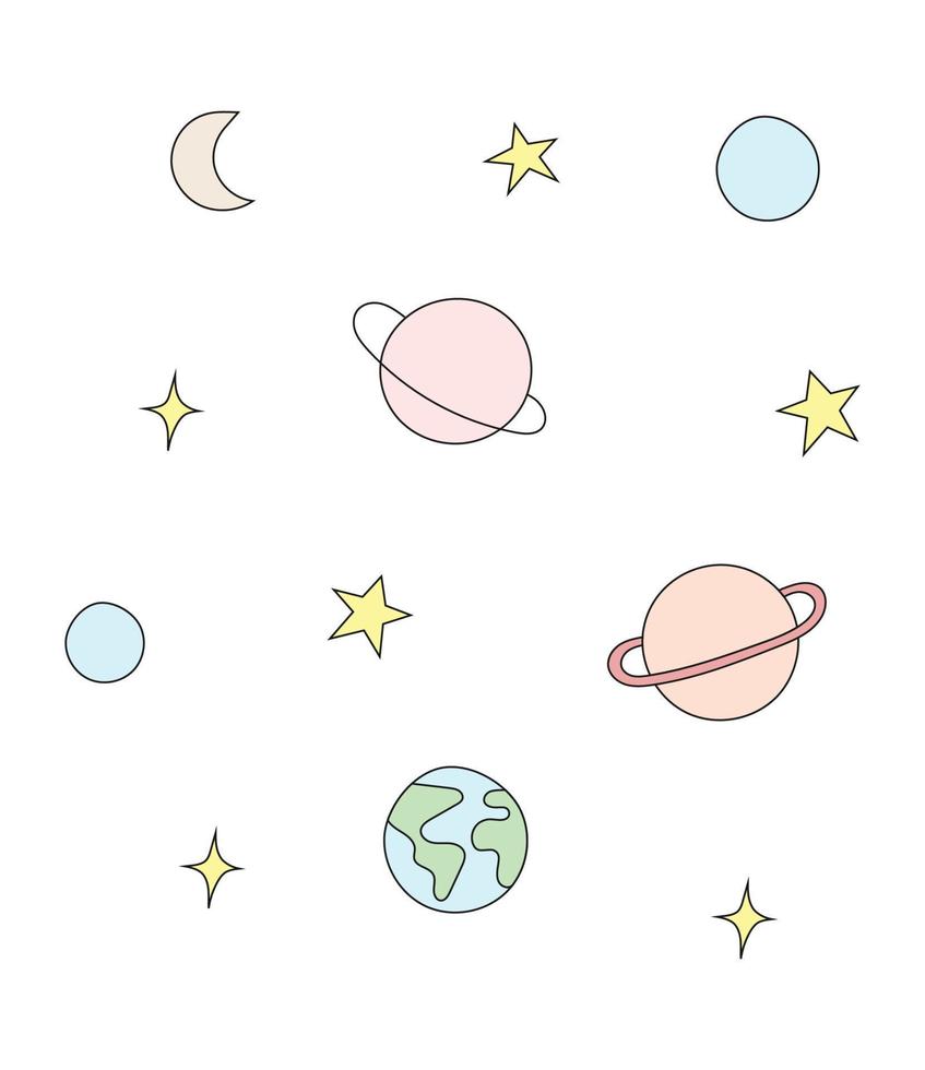 Cute planets and stars vector illustration. Solar system hand drawn vector