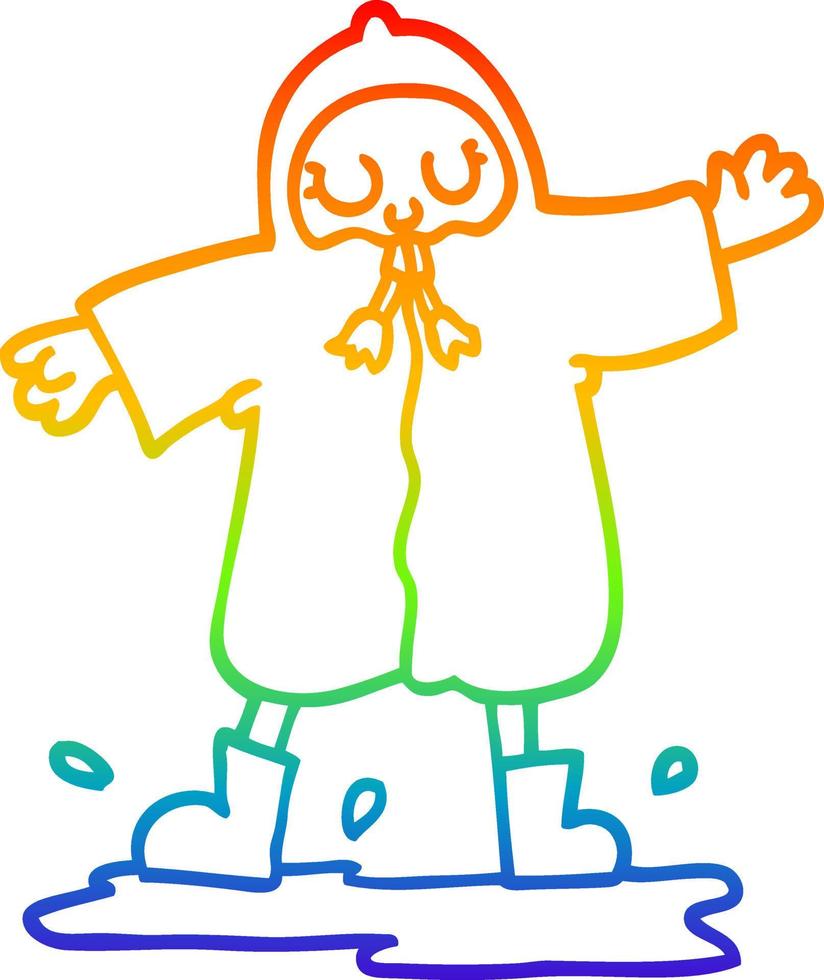 rainbow gradient line drawing cartoon person splashing in puddle wearing rain coat vector