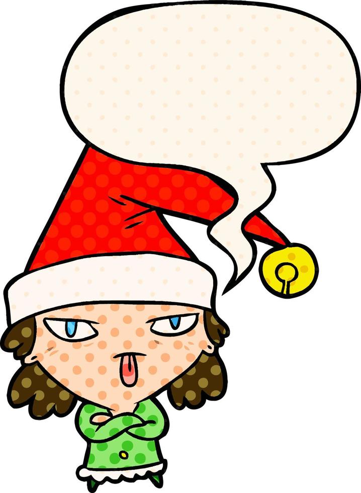 caricatura, niña, llevando, navidad, sombrero, y, discurso, burbuja, en, cómico, estilo vector