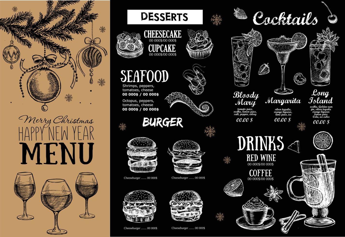 Christmas menu cafe. Food flyer. Restaurant menu. Template design. vector