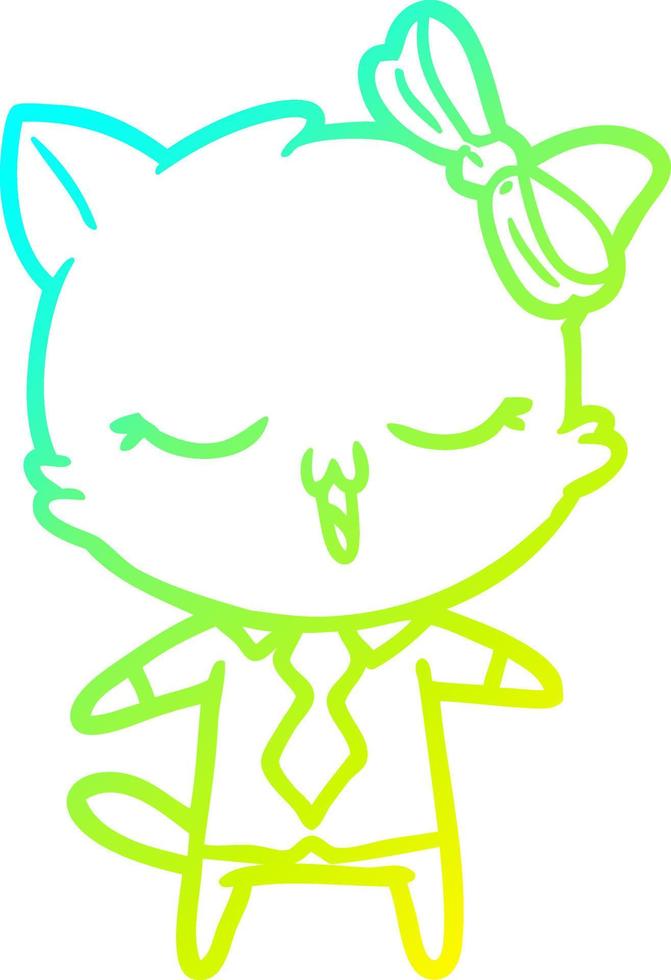 cold gradient line drawing cartoon cat with bow on head vector
