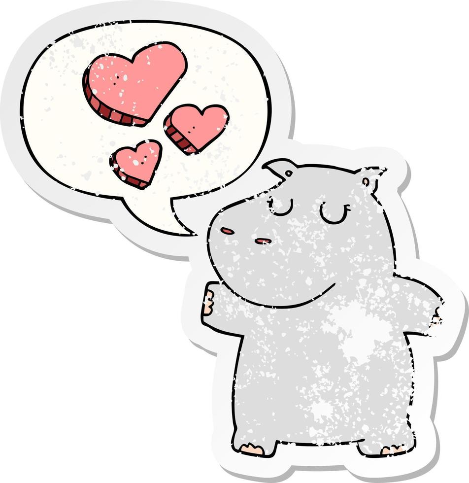 cartoon hippo in love and speech bubble distressed sticker vector