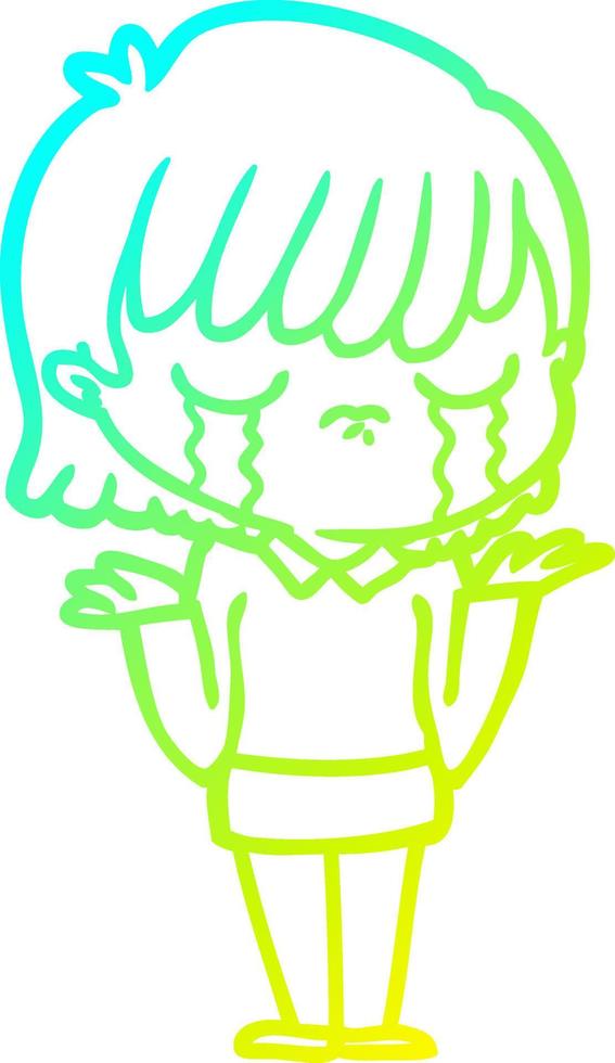 cold gradient line drawing cartoon woman crying vector