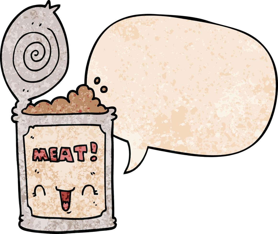 cartoon canned meat and speech bubble in retro texture style vector