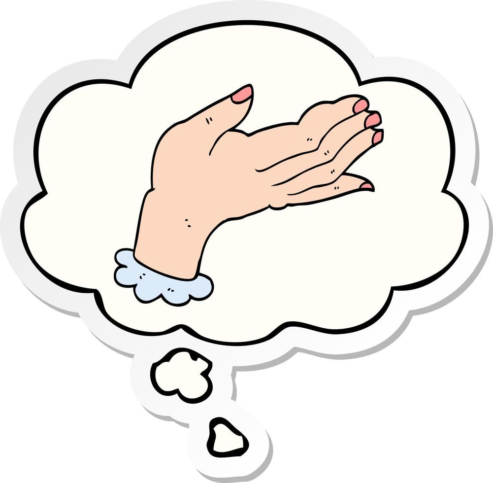 cartoon hand and thought bubble as a printed sticker vector