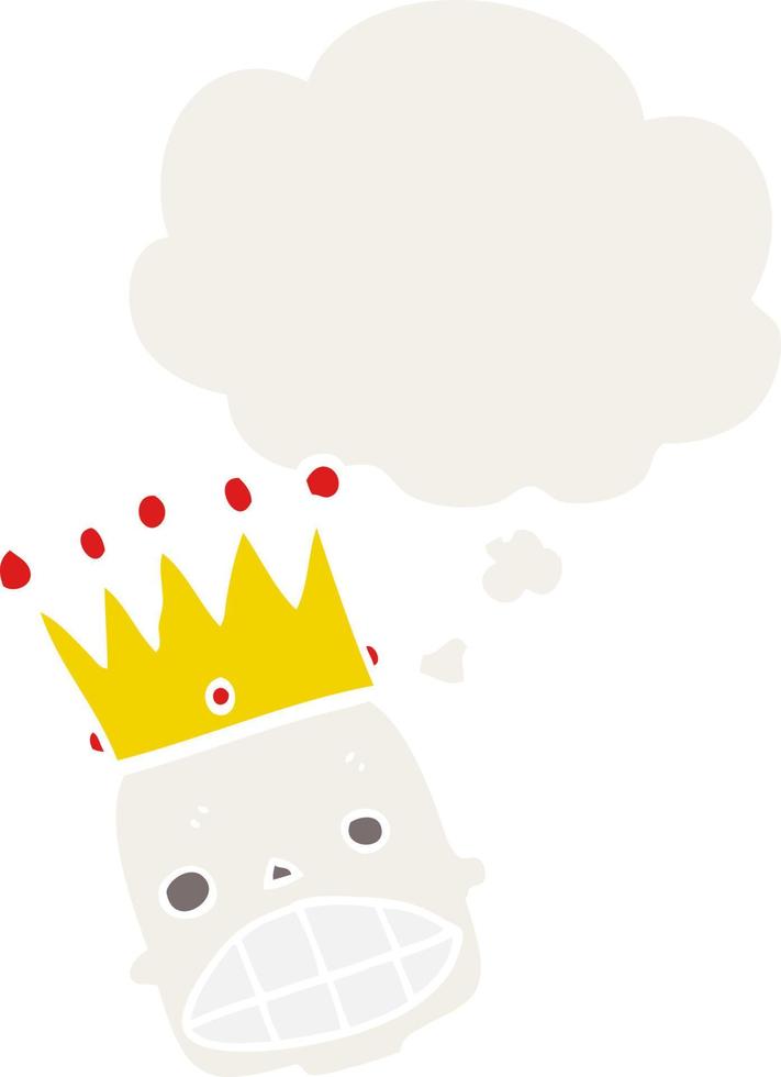 cartoon spooky skull face with crown and thought bubble in retro style vector