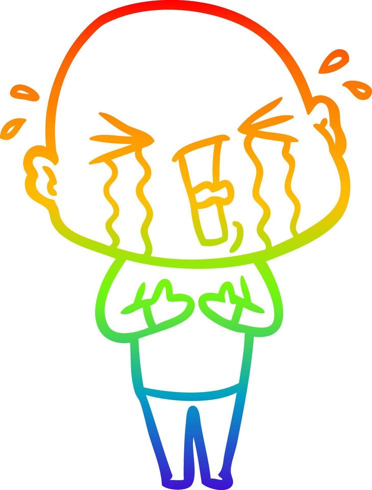 rainbow gradient line drawing cartoon crying bald man vector