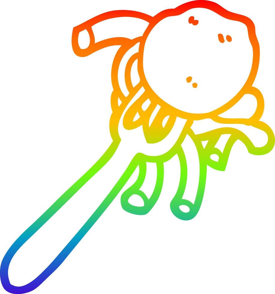 rainbow gradient line drawing cartoon spaghetti and meatballs on fork vector