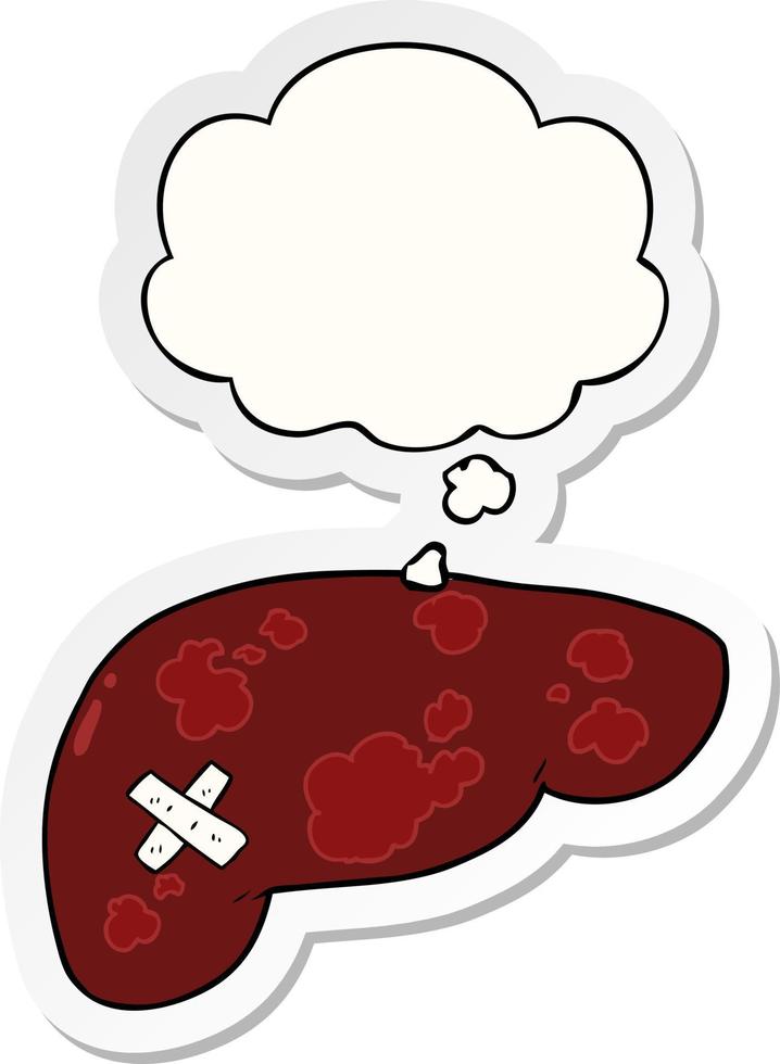 cartoon unhealthy liver and thought bubble as a printed sticker vector