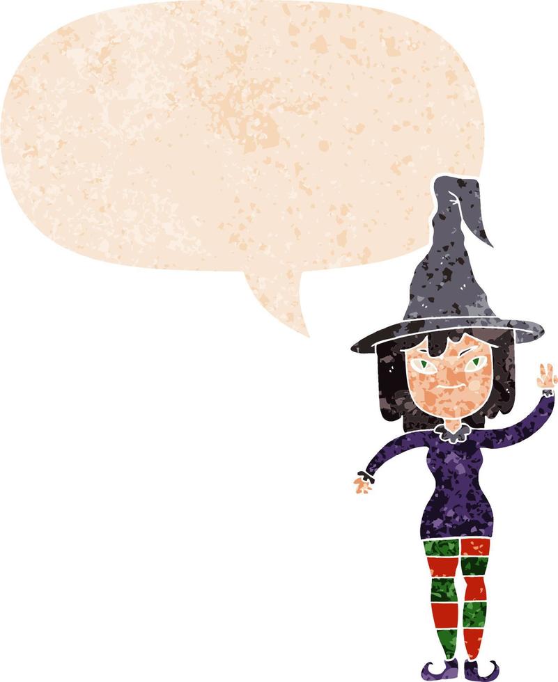 cartoon witch and speech bubble in retro textured style vector