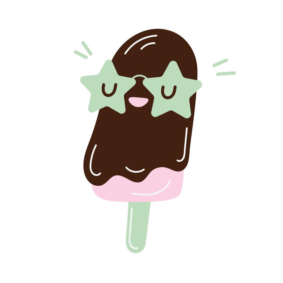 Ice cream covered with chocolate on wooden stick, flat vector illustration in doodle style