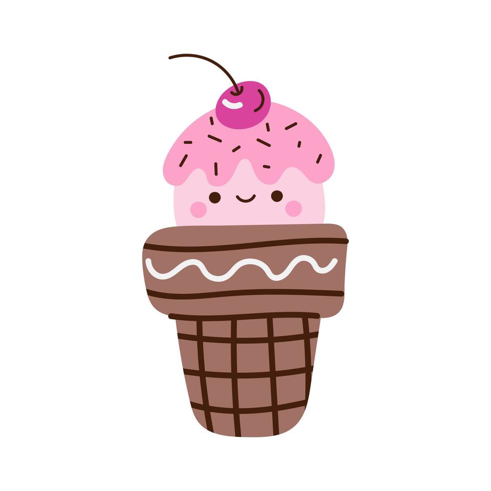 Cute ice cream in a waffle cup with pink topping and cherry. Doodle character design. vector